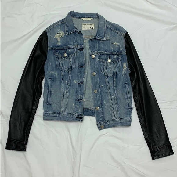 rag & bone Jackets & Blazers - Rag & Bone Distressed Leather and Denim Jacket